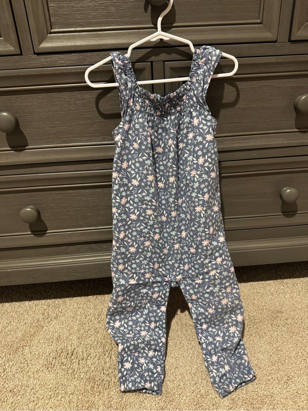 Carter's Blue Floral Smocked Romper with Pink Accents